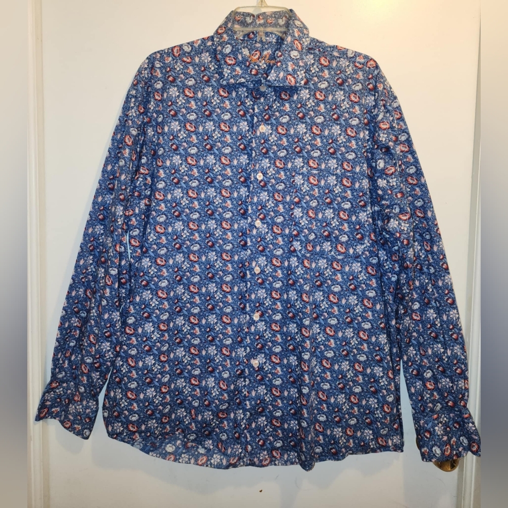 Alan Flusser Mens Button Down Shirt XL Long Sleeve Blue Multicolor Floral